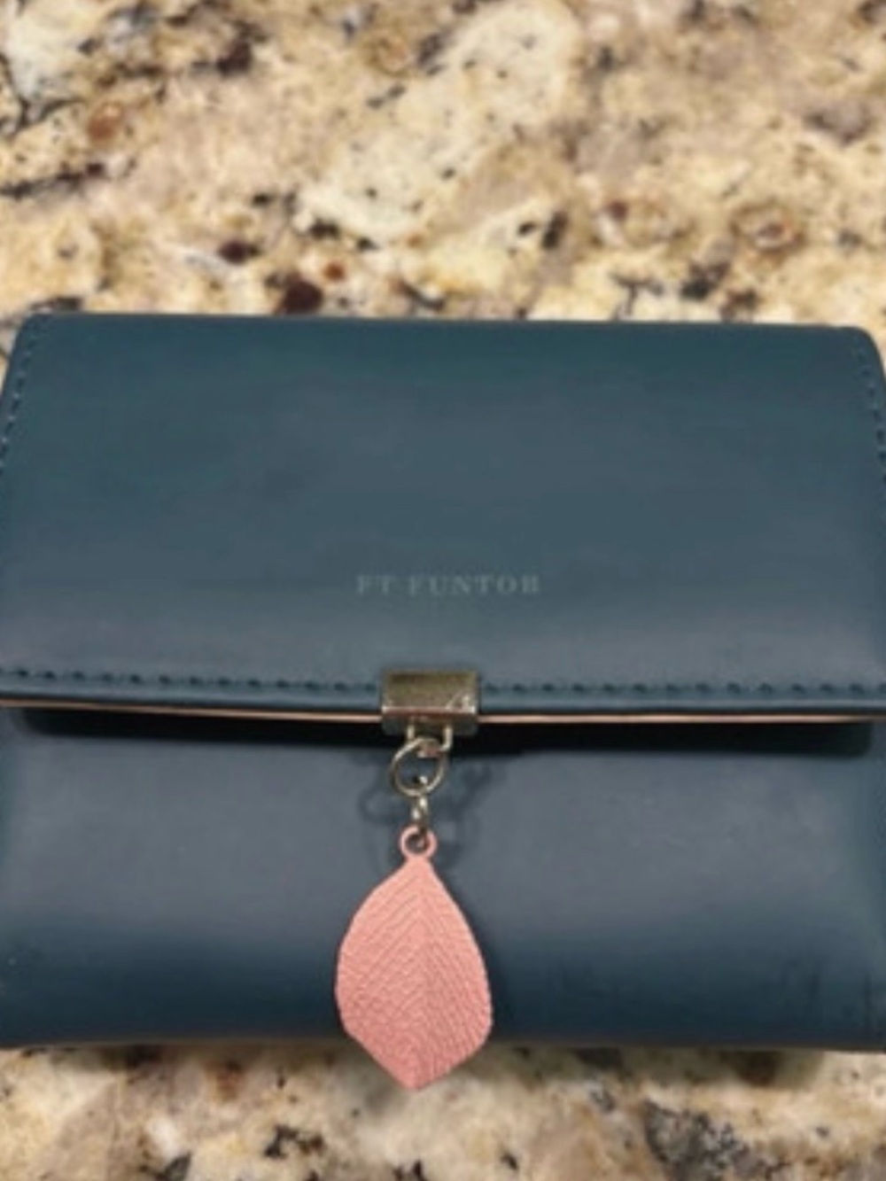 Teal Leather Crossbody Wallet with Pink Leaf Charm